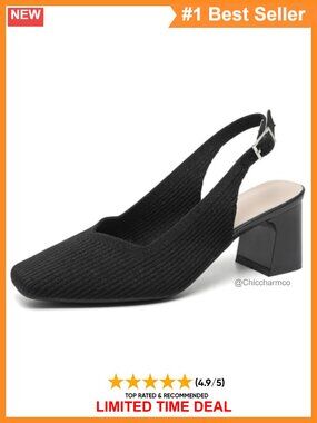 Slingback Heels Square Toe Chunky Block Heel Adjustable Knit Pumps for Work